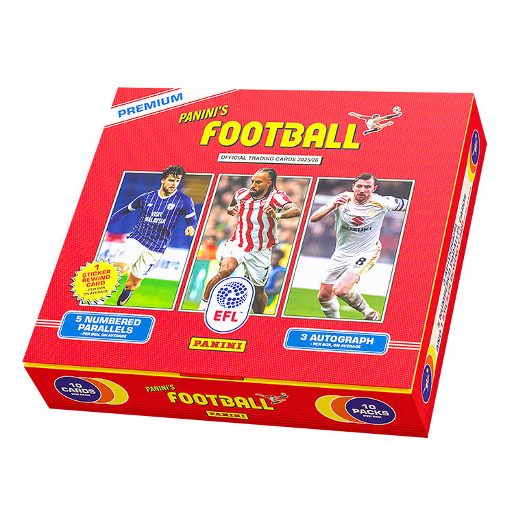 Panini's Football EFL 202526 Trading Cards collectors box with 5 numbered parallels and 3 autographs.