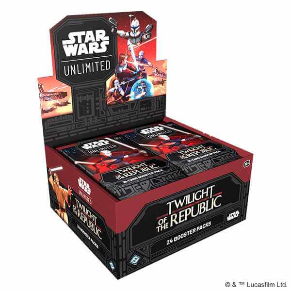 Star Wars: Unlimited Twilight of the Republic booster display featuring 24 trading card packs for epic battles.