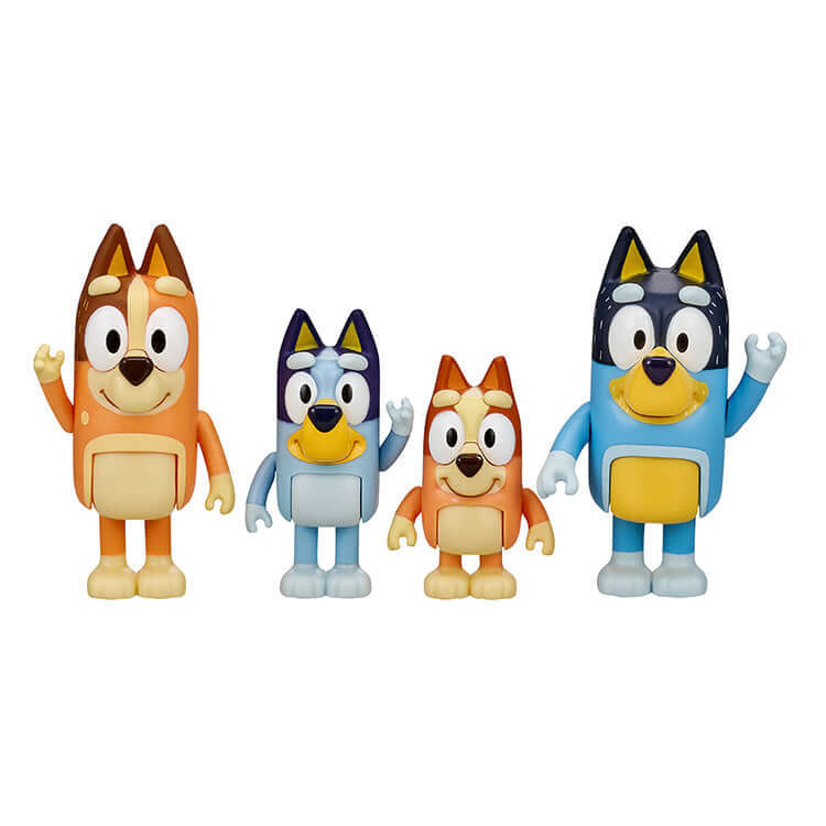 Bluey Series 1 Family Pack showing articulated figures of Bluey, Bingo, Chilli, and Bandit for imaginative play.