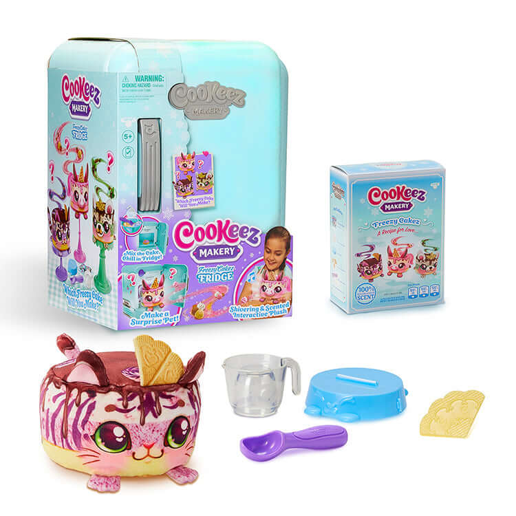 Cookeez Makery Freezy Cakez Playset with plush toy and accessories, featuring a surprise scented plush in an ice cream-themed design.