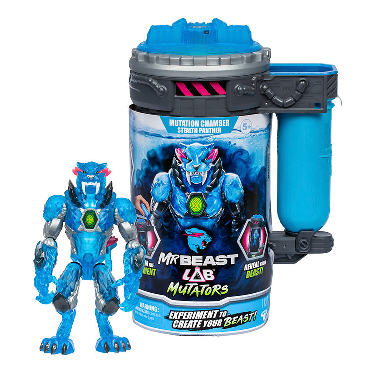 MrBeast Lab Mutators Stealth Panther action figure and mutation chamber toy for kids, featuring blue translucent design.