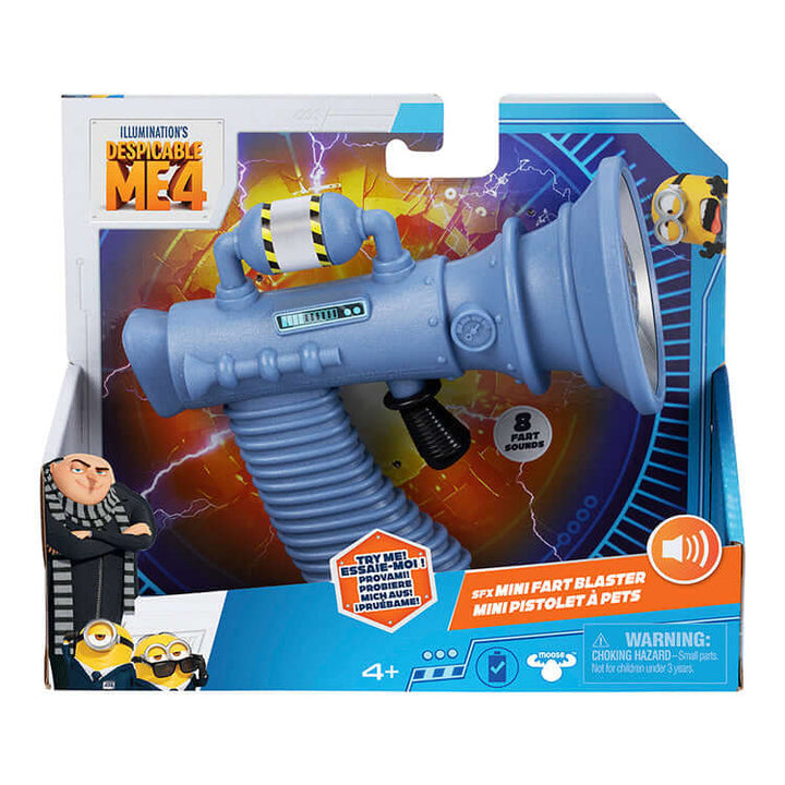 Despicable Me 4 Mini Fart Blaster toy in packaging with 8 funny fart sounds for kids' pranks and fun.