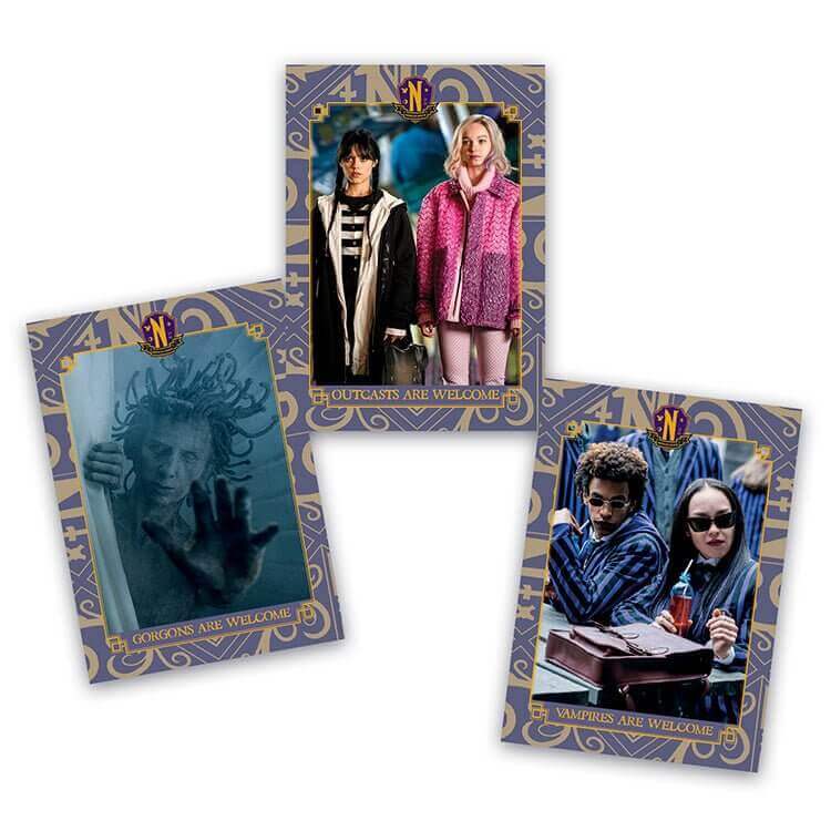 "Wednesday Nevermore Academy trading cards featuring Outcasts, Gorgons, and Vampires from the Welcome Kit collection."