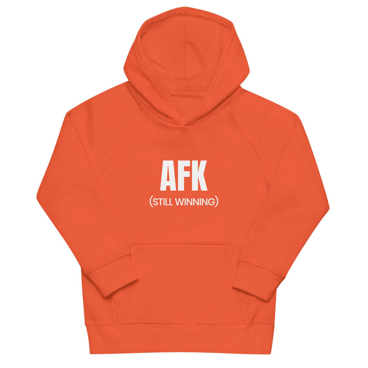 AFK Kids eco friendly hoodie in vibrant orange color with white text saying &