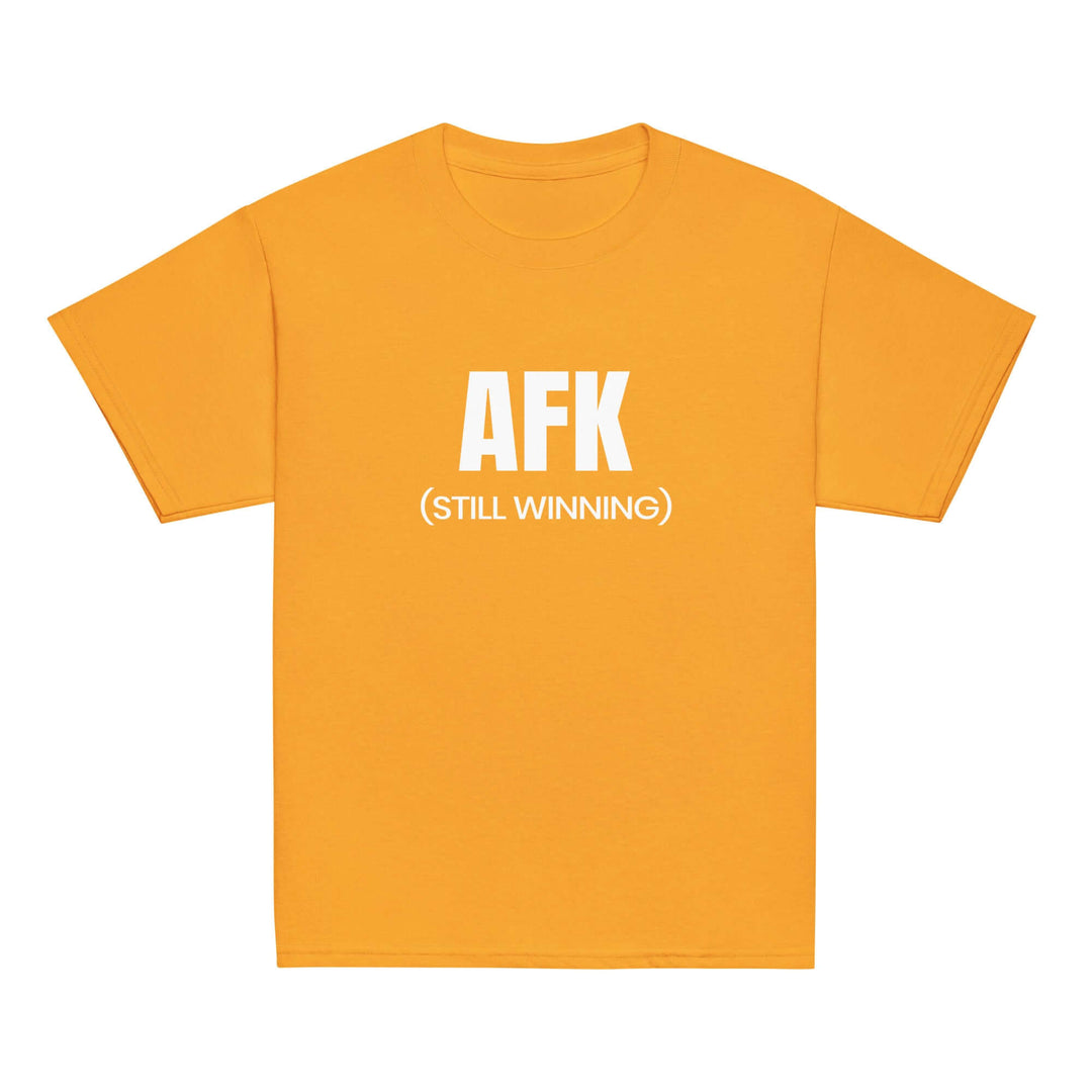 AFK Youth classic tee in vibrant orange with bold white text AFK (STILL WINNING) for trendy kids wear.