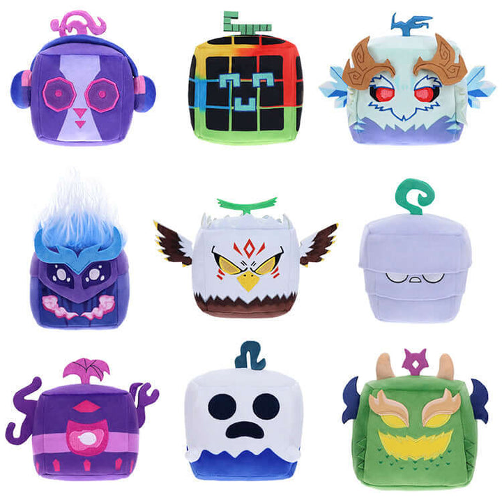 Blox Fruits Series 3 4" Collectable Plush featuring nine unique character designs in vibrant colors.
