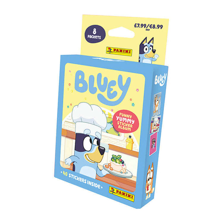 Bluey Funny Yummy Sticker Collection pack showcasing 8 packets and 40 stickers inside, perfect for kids&
