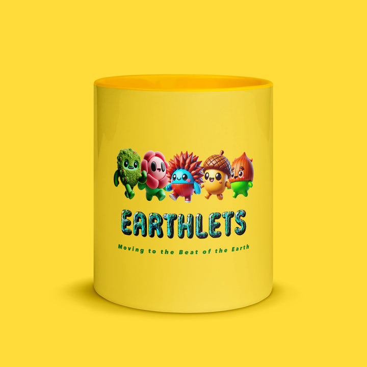 Earthlets mug with colorful interior, featuring animated characters and slogan, perfect for unique designs.
