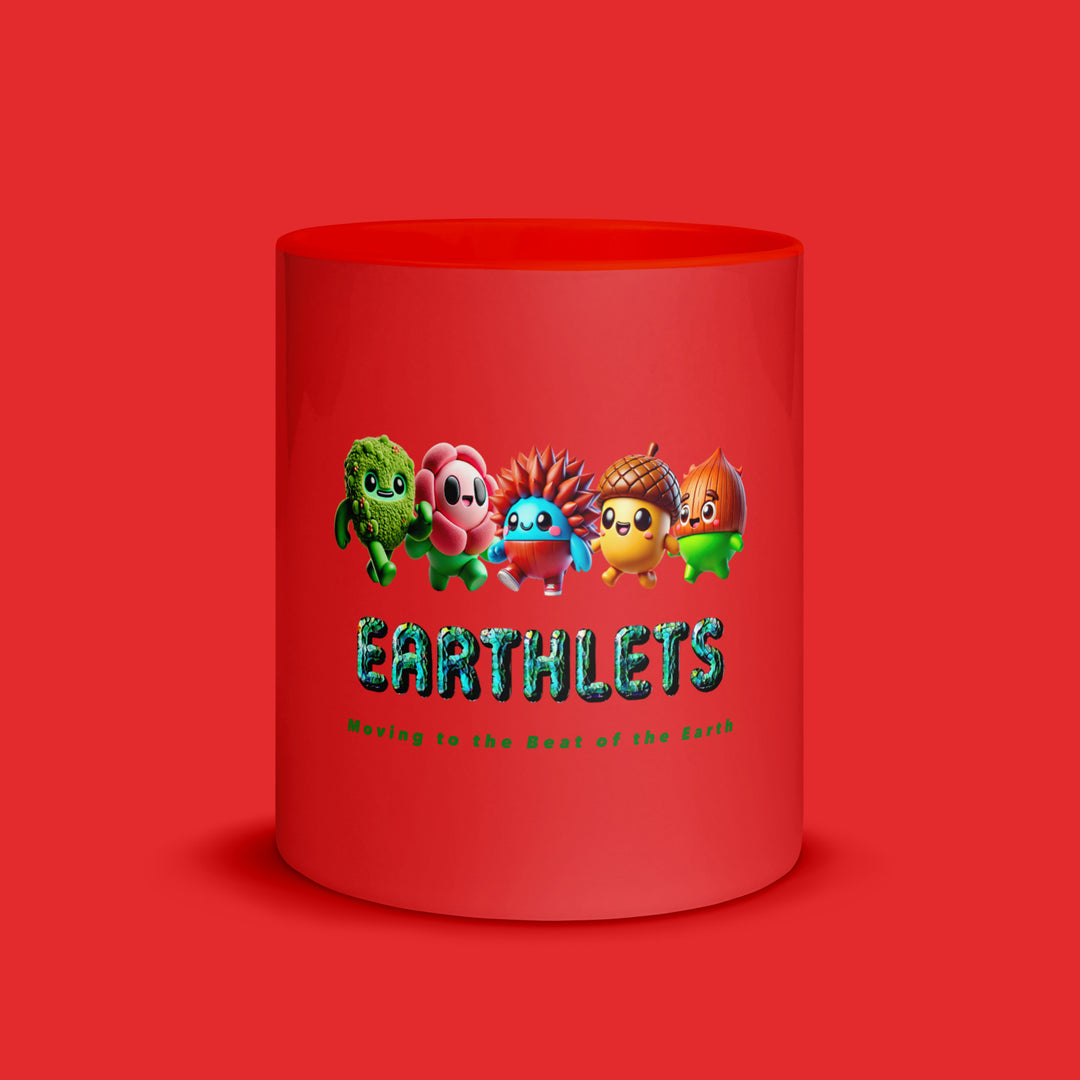 Bright red Earthlets mug featuring colorful cartoon characters and 'Earthlets' text for unique drinkware.