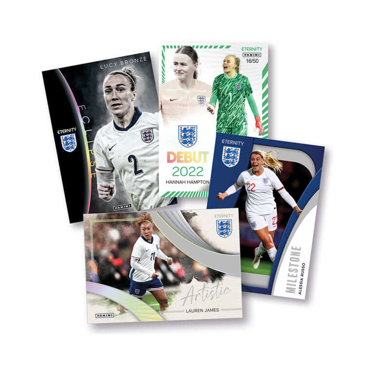 Eternity Lionesses 2024/25 trading cards featuring Lucy Bronze, Hannah Hampton, and Lauren James in various designs.