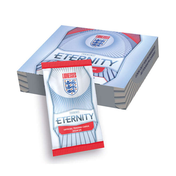Eternity Lionesses 2024/25 official trading cards pack displayed with box, featuring England Women's team graphics.