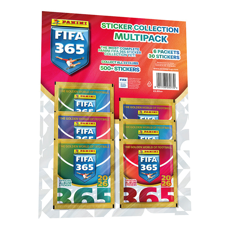 FIFA 365 2025/26 Sticker Collection multipack featuring 6 packets and 30 stickers, perfect for football fans.