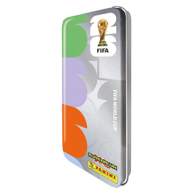 FIFA World Cup 2026 Adrenalyn XL Official Trading Cards tin featuring the FIFA trophy and colorful design.