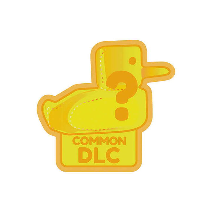 Bright yellow duck-shaped pin with a question mark and text 'COMMON DLC' below.