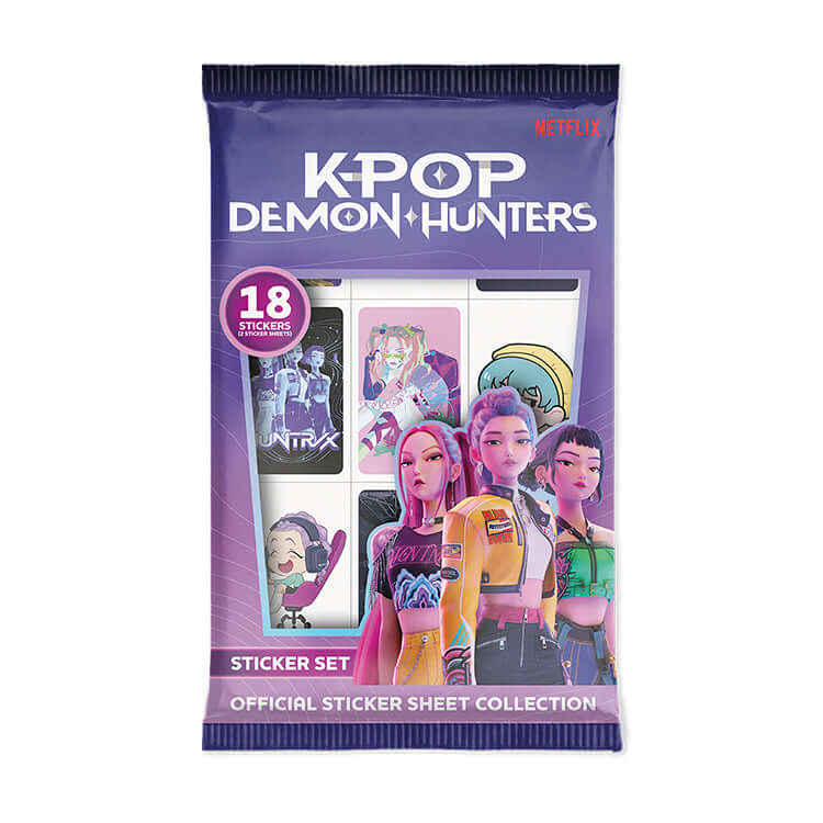 K-Pop Demon Hunters Stickers official sticker sheet collection featuring 18 vibrant designs and characters.