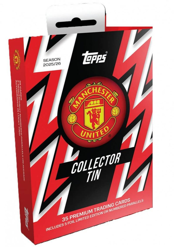 Manchester United Collectors Tin - 2025-26 featuring 35 premium trading cards in a vibrant design.