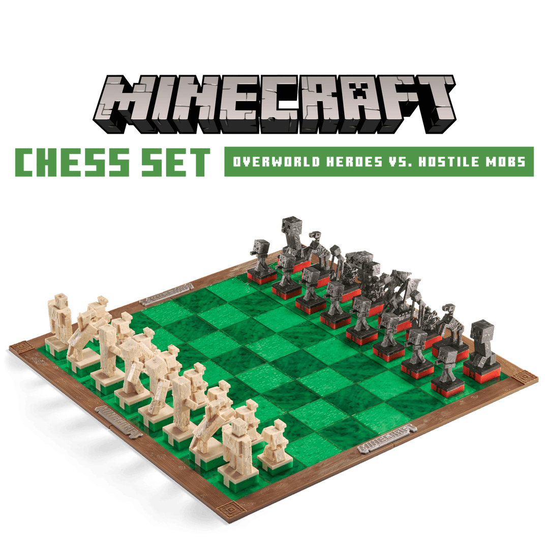 Minecraft Chess Set Overworld Heroes vs Hostile Mobs displayed on a textured green board with Minecraft figures