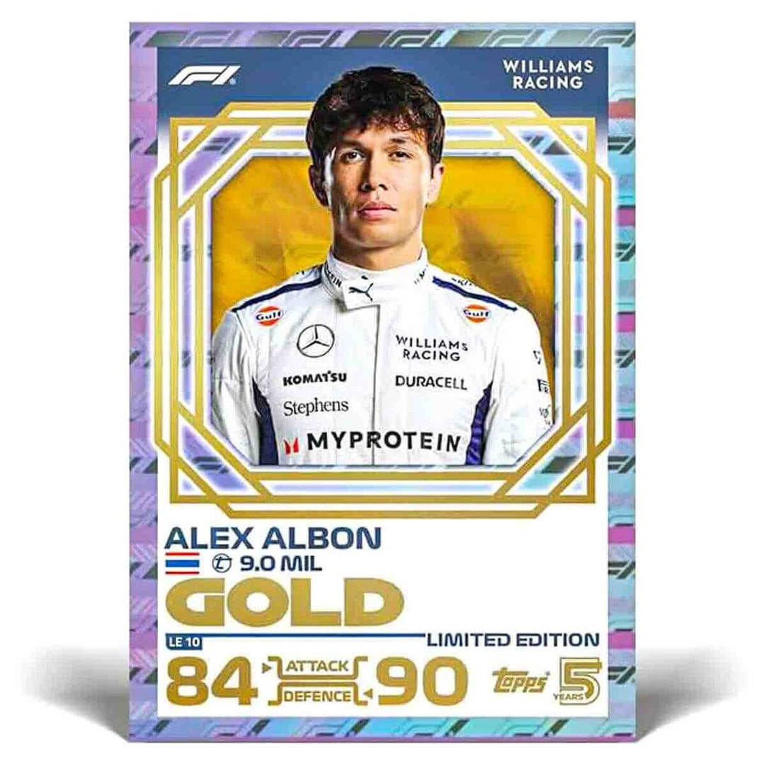 Turbo Attax 2024 trading card of Alex Albon, Williams Racing, limited edition gold, 84 attack, 90 defense, Topps 5th anniversary edition.