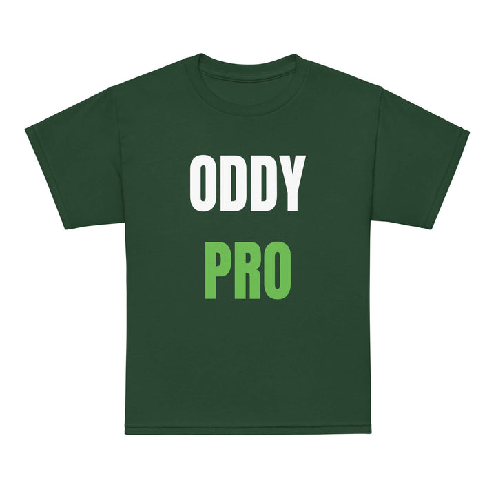 Oddy Pro youth moisture-wicking t-shirt in dark green with bold white and green lettering.