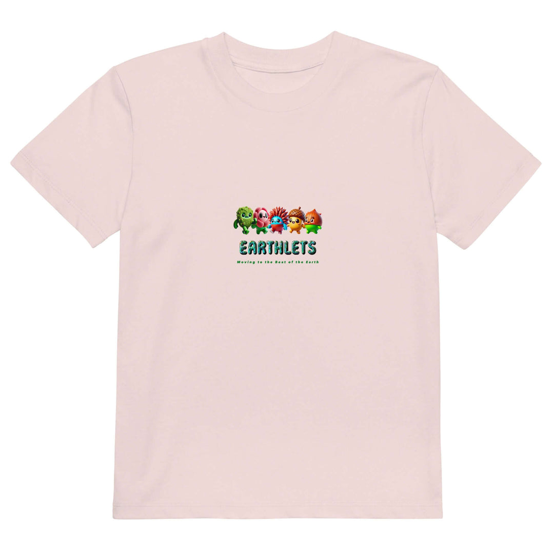 Earthlets organic cotton kids t-shirt featuring fun animal designs in vibrant colors on a light background.