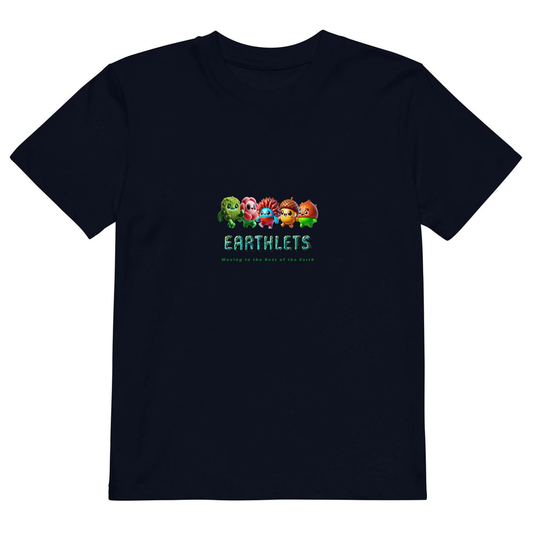 Earthlets organic cotton kids t-shirt featuring colorful characters and eco-friendly design.