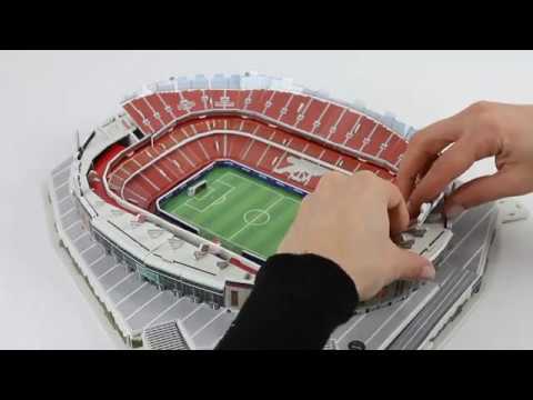 Assembling the Arsenal Emirates Stadium 3D Puzzle showcasing intricate details of the famous stadium.
