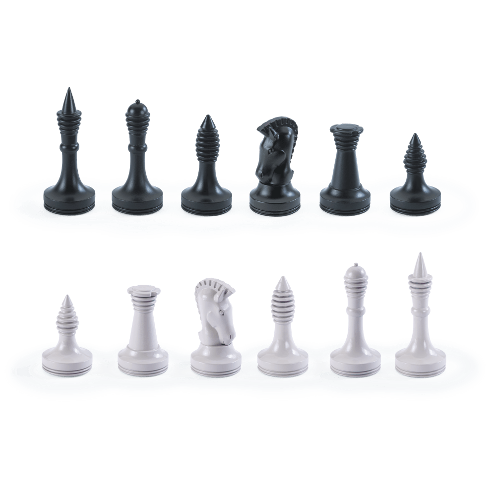 Star Trek Tri-Dimensional Chess Set pieces displayed in black and white featuring unique science fiction designs.