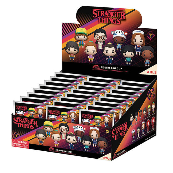 Stranger Things Series 3 3D Collectable Keychains display featuring various beloved characters from the series.