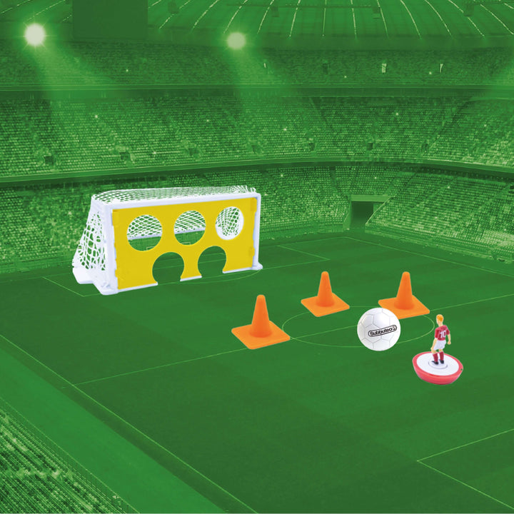 Subbuteo Training Set featuring a small goal, cones, and figure for honing scoring skills.