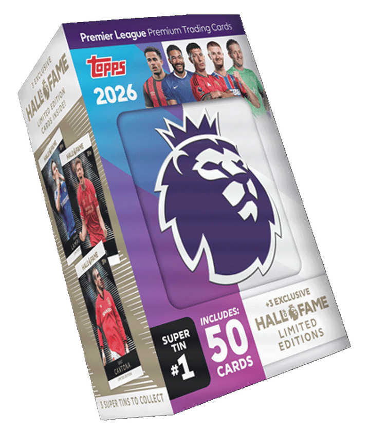 Topps Premier League 2026 Super Tin featuring 50 trading cards and Hall of Fame editions.