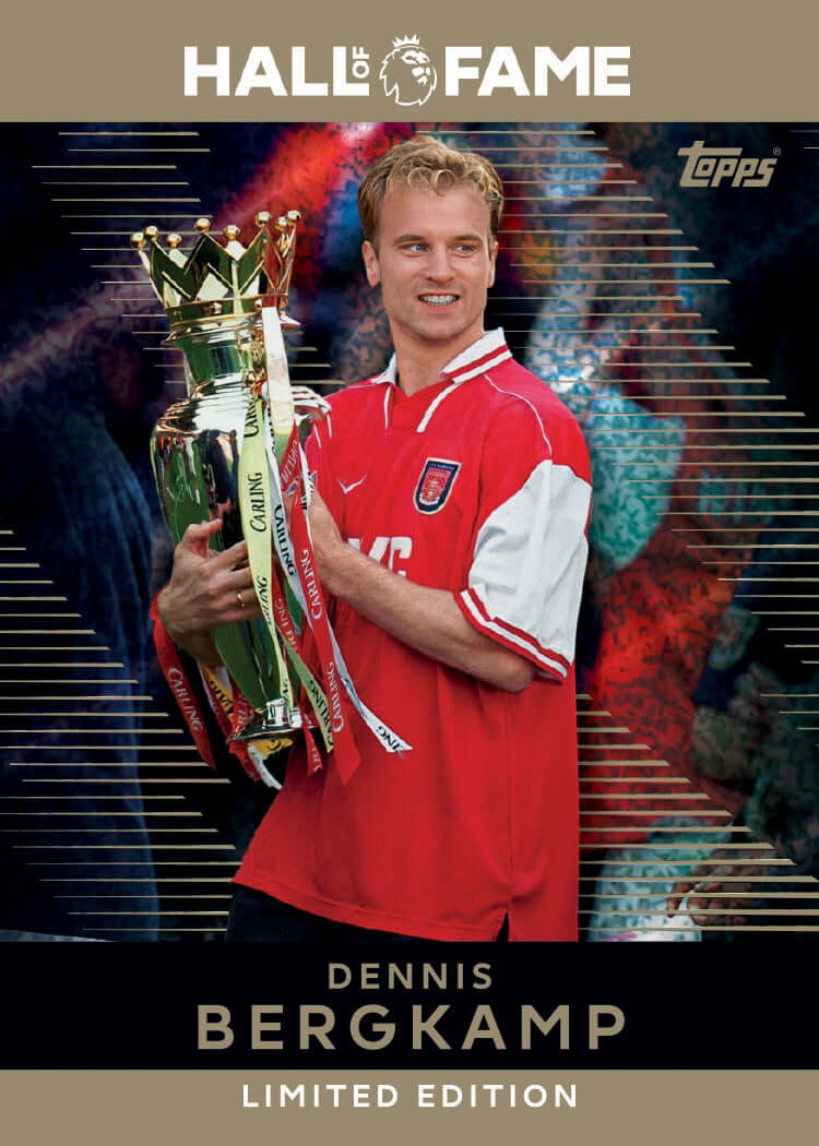 Dennis Bergkamp holding Premier League trophy in Topps Hall of Fame Limited Edition card image.