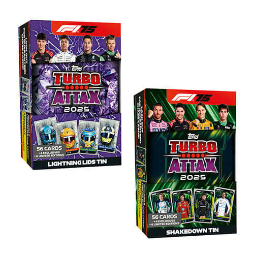 Turbo Attax 2025 Lightning Lids and Shakedown Tin collections featuring Formula 1 collectible card packs.
