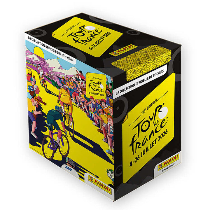 Tour de France 2026 sticker collection box featuring vibrant cycling artwork and official branding by Panini.