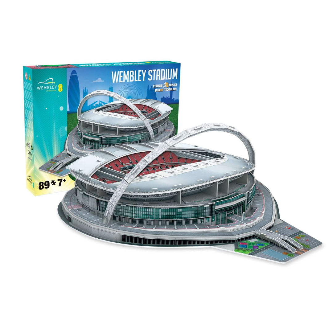 Wembley Stadium 3D Puzzle featuring a detailed model of the iconic stadium with packaging, suitable for football fans.