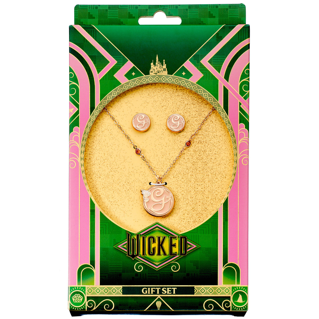 Wicked Glinda necklace and earrings set presented in stylish packaging, featuring crystals and signature &