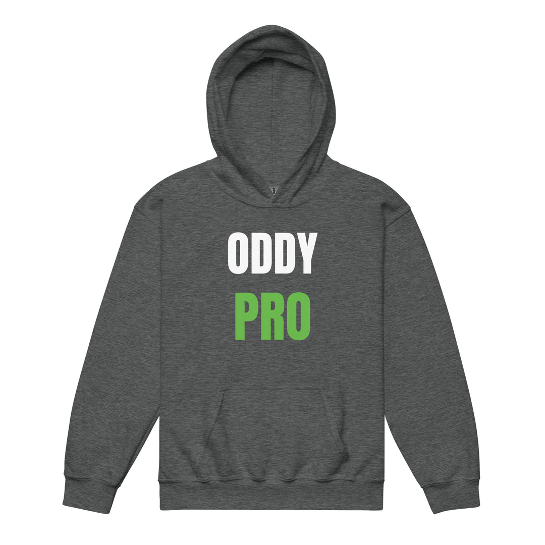 Oddy Pro youth heavy blend hoodie in dark gray with white and green lettering, perfect for active children.